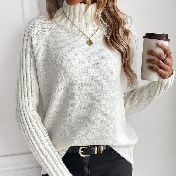 . Sweaters - White Preppy womens Turtleneck Raglan Sleeve Sweater